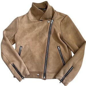 XS Tan Faux Leather Jacket | Argstar Zippered Motorcycle Style